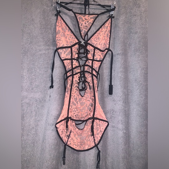 G World Intimates 3pc pink and black garter dress with thigh highs and panties - Picture 5 of 5